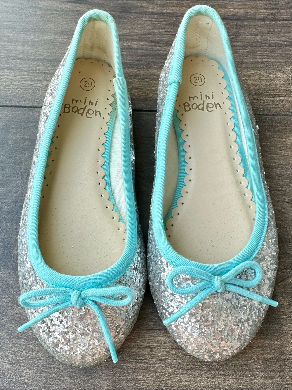 Mini Boden Glitter Ballet Flats Silver Aqua Blue Trim - Girls Size EU 29 US 11.5